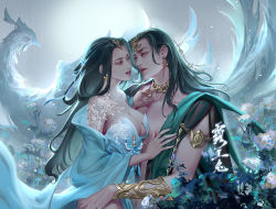 Rule 34 | 1boy, 1girl, bird, black hair, cleavage cutout, clothing cutout, cony (comicsun), dark, earrings, flower, from side, hair ornament, hand on another&#039;s shoulder, jewelry, light particles, long hair, necklace, teeth, topless male, upper body, yi meng jianghu