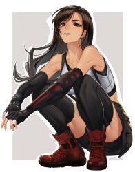 Rule 34 | 1girl, bare shoulders, black gloves, black skirt, black thighhighs, collarbone, earrings, final fantasy, final fantasy vii, final fantasy vii remake, fingerless gloves, full body, gloves, highres, jewelry, long hair, looking at viewer, miniskirt, red eyes, red footwear, skirt, smile, solo, squatting, temoc, thighhighs, thighs, tifa lockhart