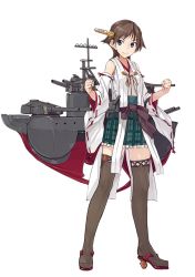 Rule 34 | 10s, 1girl, boots, brown hair, full body, grey thighhighs, hairband, hiei (kancolle), hiei kai ni (kancolle), kantai collection, konishi (koconatu), machinery, nontraditional miko, official art, plaid, plaid skirt, purple eyes, short hair, skirt, solo, standing, thigh boots, thighhighs, transparent background, turret, zettai ryouiki