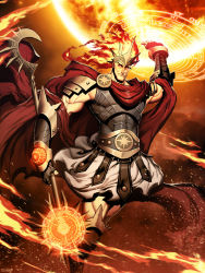 Rule 34 | 1boy, armor, cape, crown, fiery hair, fingerless gloves, fire, genzoman, gloves, glowing, glowing eyes, greek mythology, helios, magic, magic circle, male focus, muscular, pteruges, red cape, shoulder pads, solo, sparks, spikes, staff, sun, vambraces