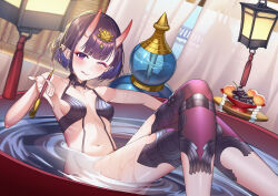 Rule 34 | 1girl, absurdres, bare shoulders, bathing, bob cut, breasts, collarbone, crossed legs, cup, curtains, eyeliner, fate/grand order, fate (series), food, fruit, gourd, grapes, headpiece, highres, horns, lantern, looking at viewer, makeup, navel, one eye closed, oni, peach, pointy ears, purple eyes, purple hair, revealing clothes, sakazuki, short hair, shuten douji (fate), sitting, skin-covered horns, small breasts, smile, smoking pipe, solo, tongue, tongue out, water, wet, zero yee
