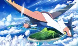Rule 34 | above clouds, bad id, bad twitter id, cloud, commentary, creatures (company), day, flying, game freak, gen 3 pokemon, island, latias, legendary pokemon, looking to the side, nintendo, no humans, ocean, outdoors, pokemon, pokemon (creature), rowdon, sky, solo, water, yellow eyes
