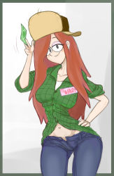 Rule 34 | 1girl, banknote, body freckles, bra, cowboy shot, denim, earrings, facing viewer, female focus, flannel, flannel shirt, freckles, fur hat, gravity falls, green shirt, grey background, half-closed eyes, hand on own hip, hat, hecha (buunntyoukyuu), highres, jeans, jewelry, long hair, looking at viewer, money, motion lines, name tag, narrow waist, navel, outside border, pants, red hair, shirt, simple background, smile, solo, standing, stud earrings, unbuttoned pants, underwear, upper body, very long hair, wendy corduroy, wide hips