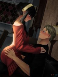 Rule 34 | 1boy, 1girl, absurdres, artist name, back cutout, black hair, black shirt, blonde hair, blue eyes, blush, breasts, closed mouth, clothing cutout, couch, dated, dress, embarrassed, from side, hair bun, hairband, hands on another&#039;s hips, hands on another&#039;s shoulders, hetero, highres, husband and wife, large breasts, living room, long hair, looking at another, looking down, looking up, nose blush, off-shoulder sweater, off shoulder, on couch, pantyhose, parted lips, profile, red eyes, red sweater, shirt, short hair, short hair with long locks, sidelocks, single hair bun, spy x family, steb, straddling, sweater, sweater dress, symbol-shaped pupils, twilight (spy x family), white hairband, yor briar