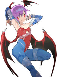 Rule 34 | 1girl, absurdres, animal print, bare shoulders, bat print, bat wings, blue pantyhose, breasts, bridal gauntlets, demon girl, diamond cutout, feet out of frame, head wings, highres, leotard, lilith aensland, low wings, pantyhose, plastic wrap, print pantyhose, purple hair, red eyes, red leotard, saaal653, short hair, simple background, small breasts, smile, solo, strapless, strapless leotard, vampire (game), white background, wings