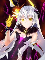 Rule 34 | 1girl, asymmetrical gloves, bare shoulders, black gloves, breasts, cleavage, closed eyes, closed mouth, dress, gloves, hair ornament, highres, honkai (series), honkai impact 3rd, kiana kaslana, kiana kaslana (herrscher of the void), kurumiiii, long hair, looking at viewer, looking back, medium breasts, mismatched gloves, smile, solo, white dress, white gloves, white hair, yellow background, yellow eyes