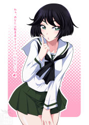 Rule 34 | 1girl, artist logo, black hair, black neckerchief, blouse, blue eyes, bob cut, commentary, cowboy shot, frown, girls und panzer, green skirt, half-closed eyes, hand on own thigh, highres, ichijou takakiyo, index finger raised, leaning forward, long sleeves, looking at viewer, miniskirt, neckerchief, ooarai school uniform, outline, parted lips, pink background, pleated skirt, rounded corners, sailor collar, school uniform, serafuku, shirt, short hair, skirt, solo, standing, translated, utsugi yuuki, white outline, white sailor collar, white shirt
