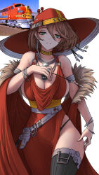 Rule 34 | 1girl, bracelet, breasts, brown hair, choker, cleavage, commentary, cowboy shot, dress, fur trim, green eyes, highres, jewelry, large breasts, looking at viewer, low-cut, medium hair, necklace, original, sideboob, signature, smile, solo, thighhighs, thighs, thong, train, zhvo