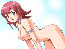 Rule 34 | 00s, 1girl, arched back, bent over, breasts, brown eyes, collar, dragon drive, large breasts, nipples, nude, red hair, sayaka towa, short hair, smile, solo