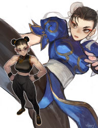 Rule 34 | 1girl, armlet, breasts, brown eyes, brown hair, capcom, china dress, chinese clothes, chun-li, closed mouth, double bun, dress, earrings, eyeliner, hair bun, highres, jewelry, large breasts, leotard, leotard peek, makeup, morry, muscular, open mouth, pants, pantyhose, pelvic curtain, sash, shirt, short hair, short sleeves, solo, spiked armlet, spikes, street fighter, thighs, tight clothes, tight pants, tight shirt, toned, white sash
