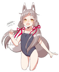 Rule 34 | 1girl, :d, animal ears, bare arms, bare shoulders, black one-piece swimsuit, blush, brown eyes, brown hair, collarbone, competition school swimsuit, cowboy shot, cropped legs, dated, fang, fox ears, fox girl, fox tail, hand up, long hair, low twintails, maze (gochama ze gohan), one-piece swimsuit, open mouth, original, school swimsuit, signature, simple background, sketch, smile, solo, swimsuit, tail, twintails, very long hair, white background