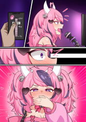 Rule 34 | bell, blush, choker, controller, covering own mouth, demon, demon girl, demon horns, diuda, hand over mouth, highres, horns, ironmouse, livestream, microphone, pink hair, purple hair, remote control vibrator, screen, sex toy, twitching, vibrator, vibrator controller, virtual youtuber, vshojo