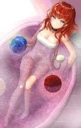Rule 34 | 1girl, bare arms, bare legs, bare shoulders, barefoot, bathtub, black choker, blush, breasts, chain, choker, cleavage, commentary request, earth (ornament), from above, hecatia lapislazuli, indoors, long hair, looking at viewer, medium breasts, moon (ornament), naked towel, no headwear, onpa (onpa sound), partially submerged, red eyes, red hair, sitting, smile, solo, thighs, touhou, towel, water