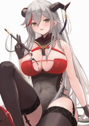Rule 34 | 1girl, absurdres, aegir (azur lane), aegir (golden dragon among auspicious clouds) (azur lane), azur lane, black garter straps, black gloves, black horns, black thighhighs, breasts, cleavage, criss-cross halter, demon horns, dress, garter straps, gloves, grey dress, grey hair, hair on horn, halterneck, highres, holding, holding brush, holding paintbrush, horn ornament, horns, large breasts, multicolored hair, official alternate costume, paint on body, paintbrush, red dress, red hair, remapack77, sideless outfit, simple background, solo, streaked hair, thighhighs, two-tone dress, two-tone hair, white background, yellow eyes