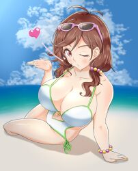Rule 34 | 1girl, arm support, beach, blowing kiss, breasts, brown eyes, brown hair, character request, heart, large breasts, legs, looking at viewer, low twintails, navel, ocean, one-piece swimsuit, one eye closed, sitting, sunglasses on head, swimsuit, thighs, twintails, water, wink