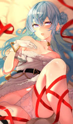 Rule 34 | 1girl, bed sheet, bell, belt, black belt, blue hair, clothes pull, commentary, covering privates, covering one breast, dress, dress pull, flat chest, gloves, hair between eyes, hair bun, hand on own chest, hcz n, highres, hololive, hoshimachi suisei, knee up, long hair, looking at viewer, lying, neck bell, off shoulder, on back, on bed, open mouth, panties, purple eyes, red ribbon, ribbon, short sleeves, side-tie panties, single hair bun, solo, star (symbol), star in eye, symbol-only commentary, symbol in eye, tongue, tongue out, underwear, untied panties, virtual youtuber, white dress, white gloves, white panties