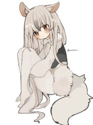 Rule 34 | 1girl, alternate hairstyle, anteater ears, anteater tail, black corset, blush, bow, bowtie, center frills, corset, frills, fur collar, highres, hugging own legs, kemono friends, kemono friends 3, long hair, long sleeves, no shoes, ovoxxx, pantyhose, shirt, solo, southern tamandua (kemono friends), white bow, white bowtie, white fur, white hair, white pantyhose, white shirt, yellow eyes