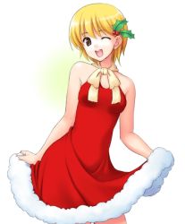 Rule 34 | 1girl, atsukan, blonde hair, christmas, dress, hair ornament, holly, holly hair ornament, mistletoe, one eye closed, open mouth, ribbon, santa costume, short hair, solo, unknown, wink