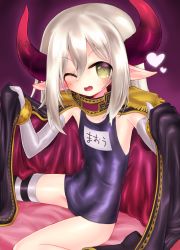 Rule 34 | 1girl, :&lt;, curled horns, demon girl, demon horns, demon tail, elbow gloves, emma august, epaulettes, fang, flat chest, gloves, highres, horns, jacket, jacket on shoulders, kyuusui gakari, long hair, looking at viewer, name tag, nijisanji, old school swimsuit, one-piece swimsuit, one eye closed, pointy ears, red horns, school swimsuit, single thighhigh, skin fang, smile, solo, striped clothes, striped thighhighs, swimsuit, swimsuit under clothes, tail, thighhighs, virtual youtuber, white hair, yellow eyes