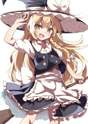 Rule 34 | 1girl, absurdres, apron, black hat, black skirt, blonde hair, bow, braid, broom, collared shirt, commentary, hat, hat bow, highres, holding, holding broom, kirisame marisa, looking at viewer, saimu taju, shirt, short sleeves, side braid, simple background, single braid, skirt, solo, touhou, v-shaped eyebrows, waist apron, white background, white bow, white shirt, witch hat, yellow eyes