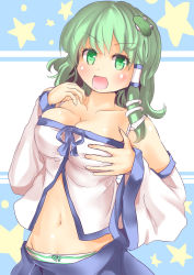 Rule 34 | 1girl, bad id, bad pixiv id, blush, breasts, culter, detached sleeves, female focus, frog hair ornament, grabbing, grabbing another&#039;s breast, green eyes, green hair, hair ornament, hair tubes, highres, kochiya sanae, long hair, matching hair/eyes, open mouth, panties, skirt, smile, snake, solo, striped clothes, striped panties, touhou, underwear