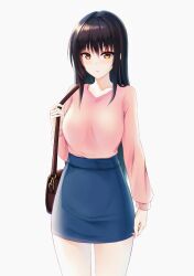 Rule 34 | 1girl, bag, black hair, blue skirt, breasts, brown eyes, closed mouth, collarbone, commentary request, cowboy shot, handbag, highres, kotegawa yui, large breasts, long hair, long sleeves, looking at viewer, pencil skirt, pink shirt, realman, shirt, simple background, skirt, solo, standing, to love-ru, white background