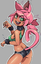 Rule 34 | 1girl, absurdres, animal ears, arm support, ass, blush, breasts, cat ears, cat girl, cat tail, colored skin, curvy, dark-skinned female, dark skin, fang, feet out of frame, fingernails, furry, furry female, green eyes, gym uniform, highres, huge ass, kevin ku, large breasts, looking at viewer, looking back, low twintails, navel, nikki (kevin ku), original, shiny skin, short hair, short shorts, shorts, simple background, skindentation, smile, solo, tail, twintails, wide hips