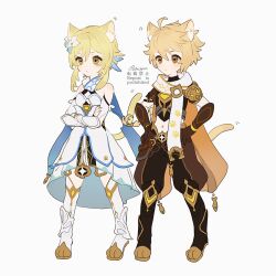 Rule 34 | 1boy, 1girl, aether (genshin impact), ahoge, animal ear fluff, animal ears, arm armor, artist name, baggy pants, bare shoulders, black footwear, blonde hair, boots, braid, breasts, brother and sister, brown eyes, brown gloves, brown pants, brown shirt, cat ears, cat tail, closed mouth, crossed arms, detached sleeves, dress, feather hair ornament, feathers, flower, full body, genshin impact, gloves, hair between eyes, hair flower, hair ornament, hands on own hips, long hair, long sleeves, looking to the side, lumine (genshin impact), medium breasts, navel, pants, rowya, scarf, shirt, short hair, short hair with long locks, short sleeves, siblings, sidelocks, simple background, standing, star (symbol), tail, v-shaped eyebrows, white background, white dress, white flower, white footwear, white scarf