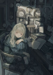 Rule 34 | 1girl, blonde hair, blue dress, book, chair, clock, closed mouth, cup, dress, highres, hotatenshi, indoors, letter, long hair, long sleeves, looking at viewer, muted color, original, paper, sitting, socks, solo, sunlight, typewriter, white socks