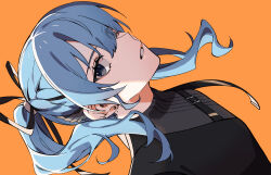 Rule 34 | 1girl, black eyes, black ribbon, blue hair, chest belt, commentary, ear piercing, earrings, hair ribbon, highres, hololive, hoshimachi suisei, hoshimachi suisei (shout in crisis), jewelry, long hair, official alternate costume, official alternate hairstyle, orange background, piercing, ponytail, ribbon, simple background, since2019, solo, virtual youtuber