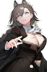 Rule 34 | 1girl, absurdres, animal ears, arknights, ascot, black dress, black hair, blood, breasts, cleavage, commentary request, cuts, dress, dun ji, highres, injury, large breasts, long sleeves, looking at viewer, penance (arknights), simple background, solo, white ascot, white background, wolf ears