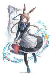 Rule 34 | 1girl, absurdres, alternate costume, amiya (arknights), animal ears, apron, arknights, blue eyes, bucket, franlol, highres, holding, holding bucket, jewelry, looking at viewer, maid, maid apron, multiple rings, rabbit ears, rabbit girl, rabbit tail, ring, signature, solo, tail