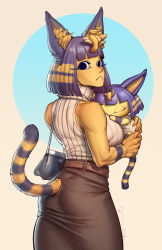 Rule 34 | 2girls, absurdres, animal crossing, animal ears, ankha (animal crossing), bag, bare shoulders, belt, carrying, cat ears, cat girl, cat tail, chibi, clone, dress, egyptian, egyptian clothes, expressionless, female focus, fictional persona, fur, furry, furry female, highres, hug, looking at viewer, multicolored fur, multicolored hair, multiple girls, nintendo, no pupils, nose, personification, short hair, sleeping, sleeveless, sleeveless turtleneck, sweater, tail, turtleneck, vest