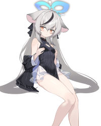 Rule 34 | 1girl, animal ears, bare legs, black bow, black dress, black hair, blue archive, bow, breasts, brown eyes, covered navel, deatheach, detached sleeves, dress, grey hair, hair between eyes, hair bow, halo, highres, kokona (blue archive), long hair, looking at viewer, multicolored hair, simple background, sitting, sleeveless, sleeveless dress, small breasts, solo, streaked hair, very long hair, white background