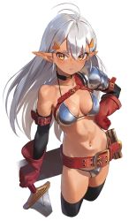 Rule 34 | 1girl, armor, bare shoulders, bikini, bikini armor, blush, breasts, cleavage, collarbone, dark-skinned female, dark skin, elf, hand on own hip, highres, kinta (distortion), large breasts, long hair, looking at viewer, navel, original, pointy ears, scabbard, sheath, silver hair, simple background, solo, swimsuit, thighs, white background, yellow eyes