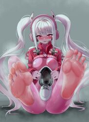 Rule 34 | 1girl, absurdres, alice (nikke), barefoot, blush, feet, goddess of victory: nikke, highres, long hair, looking at viewer, namukot, open mouth, pink eyes, shoes, unworn shoes, single shoe, soles, steam, sweat, toes, twintails, white hair
