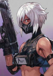 Rule 34 | 1girl, armband, assault rifle, breasts, character request, dark-skinned female, dark skin, female focus, fortnite, from side, gas mask, gun, holding, holding gun, holding weapon, hungry clicker, hush (fortnite), looking at viewer, mask, mouth mask, red eyes, rifle, short hair, sidelocks, solo, traditional media, vest, weapon, white hair
