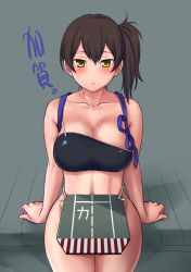 Rule 34 | 10s, 1girl, bad id, bare shoulders, blush, breasts, brown hair, cleavage, female focus, highres, kaga (kancolle), kantai collection, large breasts, long hair, looking back, muneate, shoumaru (gadget box), side ponytail, solo, sweat, text focus, translated, yellow eyes