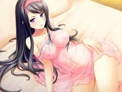 Rule 34 | 1girl, :p, bed, black hair, blush, breasts, frills, game cg, gradient hair, hand on thigh, highres, indoors, large breasts, lingerie, long hair, looking at viewer, lying, multicolored hair, nipples, no bra, no panties, otomimi infinity, pillow, purple eyes, ribbon, sagawa chiduru, see-through, solo, tongue, tongue out, underwear