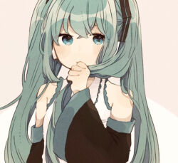 Rule 34 | 1girl, blue eyes, blue hair, blush, collared shirt, detached sleeves, hand on own face, hatsune miku, headphones, holding, holding own hair, long hair, long sleeves, looking at viewer, ponponzutea, shirt, sleeveless, sleeveless shirt, solo, twintails, upper body, very long hair, vocaloid