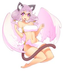 Rule 34 | 1girl, :d, angel wings, animal ears, barefoot, blush, breasts, bright pupils, cat ears, cat tail, commentary, commission, english commentary, full body, grey hair, halphelt, looking at viewer, low twintails, medium breasts, navel, open mouth, original, purple eyes, round teeth, simple background, smile, solo, strapless, tail, teeth, tube top, twintails, upper teeth only, white background, white pupils, white wings, wings