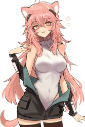 Rule 34 | 1girl, ^^^, ahoge, animal ear fluff, animal ears, arknights, barcode, barcode tattoo, bare shoulders, black jacket, blush, bracelet, breasts, brown thighhighs, collarbone, covered navel, cowboy shot, gravel (arknights), highres, infection monitor (arknights), jacket, jewelry, leotard, leotard under clothes, long hair, long sleeves, looking at viewer, medium breasts, off shoulder, open clothes, open jacket, orange eyes, parted lips, pink hair, shino duka, shoulder tattoo, smile, solo, tattoo, thighhighs, very long hair, white leotard, zettai ryouiki