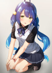 Rule 34 | 1girl, :p, ahoge, amamiya kokoro, black footwear, black shirt, black skirt, black socks, blue hair, blush, bow, closed mouth, collared shirt, commentary request, dress shirt, fang, fang out, gradient hair, grey background, hair ornament, hairclip, highres, kneehighs, kneeling, loafers, long hair, multicolored hair, nijisanji, pleated skirt, purple bow, shirt, shoes, short sleeves, sidelocks, skirt, smile, socks, solo, sweater vest, tongue, tongue out, twintails, very long hair, virtual youtuber, x hair ornament, yellow eyes, yuuri nayuta
