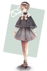 Rule 34 | 1girl, alternate costume, bare legs, beret, black footwear, black hat, border, bow, bowtie, buttons, capelet, character name, commentary, dot nose, fingernails, footwear bow, frilled sleeves, frills, full body, green background, grey capelet, grey hair, grey skirt, hair between eyes, hat, heart, highres, holding, idolmaster, idolmaster cinderella girls, inset border, light blush, looking at viewer, medium bangs, multicolored bow, multicolored clothes, otokura yuuki, outside border, pink bow, pink trim, pocket, redeye (artist), shirt, shoes, short hair, sidelocks, signature, skirt, skirt hold, smile, socks, solo, standing, undershirt, white bow, white bowtie, white shirt, white socks, white undershirt