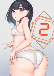 Rule 34 | 10s, 1girl, ass, bare arms, bare shoulders, black hair, blue eyes, blush, bra, breasts, closed mouth, cowboy shot, female focus, from behind, gatchan, gridman universe, highres, huge ass, long hair, looking at viewer, looking back, looking down, medium breasts, nipples, panties, simple background, solo, ssss.gridman, takarada rikka, thick thighs, thighs, underwear, underwear only, white background, white bra, white panties, wide hips