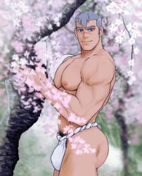 Rule 34 | 1boy, abs, alternate pectoral size, ass, bara, bulge, cherry blossoms, from side, fundoshi, grey hair, japanese clothes, large pectorals, long sideburns, looking at viewer, male focus, male pubic hair, male underwear, muscular, muscular male, navel, nipples, pectorals, pubic hair, scar, scar on face, scar on nose, short hair, sideburns, smile, solo, spacebaddy, stomach, takashi shirogane, thighs, underwear, underwear only, voltron: legendary defender, voltron (series), white male underwear