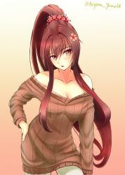 Rule 34 | 1girl, bare shoulders, blush, breasts, brown eyes, brown hair, brown sweater, cleavage, collarbone, commentary request, flower, gradient background, hair flower, hair ornament, hair scrunchie, hand on own hip, high ponytail, highres, kantai collection, long hair, looking at viewer, medium breasts, off-shoulder, off-shoulder sweater, off shoulder, open mouth, pink background, ponytail, rekka yamato, ribbed sweater, scrunchie, solo, sweatdrop, sweater, twitter username, very long hair, yamato (kancolle)