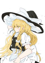 Rule 34 | 1girl, absurdres, apron, black vest, blonde hair, bow, braid, commentary request, from side, hat, hat bow, highres, kirisame marisa, long hair, puffy sleeves, shirt, short sleeves, simple background, solo, tatutaniyuuto, touhou, vest, waist apron, waist bow, white bow, white shirt, witch hat, yellow eyes