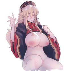 Rule 34 | 1girl, arm up, blonde hair, blush, breasts, chinese clothes, commentary, crescent print, cropped legs, eyelashes, gold trim, hair between eyes, headdress, highres, inverted nipples, junko (touhou), large areolae, large breasts, lifting own clothes, long hair, long sleeves, navel, neck ribbon, no bra, no panties, nyong nyong, open mouth, phoenix crown, ribbon, sidelocks, simple background, solo, stomach, sweat, sweatdrop, symbol-only commentary, tabard, touhou, white background, wide sleeves, yellow ribbon, ||/