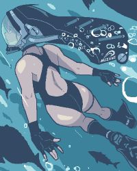 Rule 34 | 1girl, ass, bubble, diving, eizoku, fingerless gloves, fish, flippers, gloves, helmet, lowres, one-piece swimsuit, original, solo, swimsuit, underwater